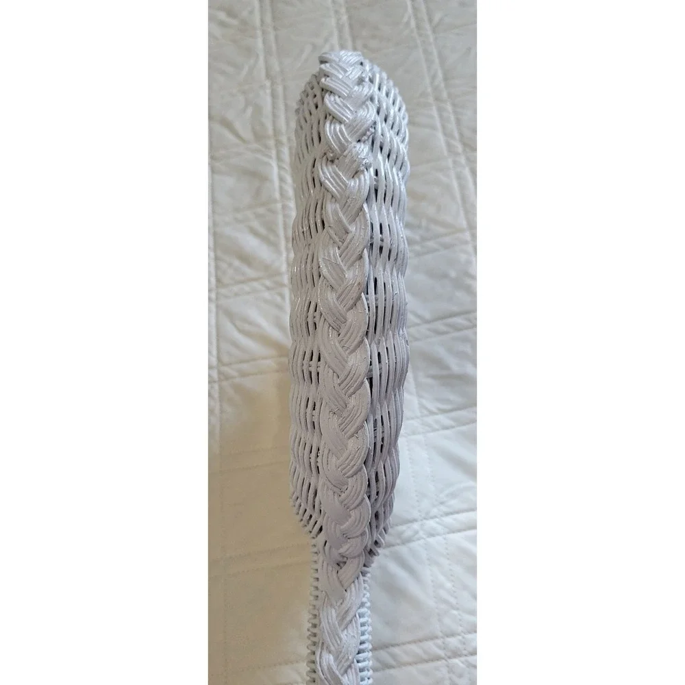 Wicker Rattan Hand Held Mirror Two Sided Vintage White 1970's Woven Braided